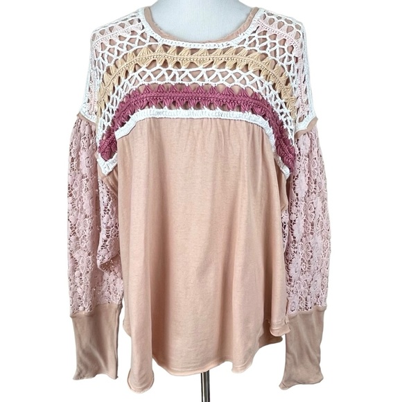 Free People High Hopes Cotton Crocheted-Yoke Lace-Sleeved Top Size Large - Picture 4 of 11